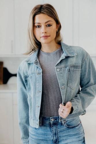 Cropped denim long sleeve button closure shop fond du lac women’s boutique 