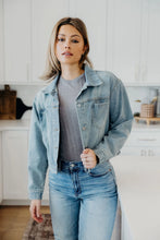 Load image into Gallery viewer, Light wash denim jacket long sleeve shop fond du lac women’s boutique 
