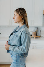 Load image into Gallery viewer, Light wash vintage denim jacket long sleeve shop fond du lac women’s boutique 
