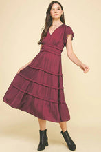 Load image into Gallery viewer, Deep wine midi tiered dress v-neck shop women’s boutique fond du lac
