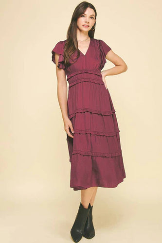 Dress tiered midi deep wine shop women’s boutique fond du lac