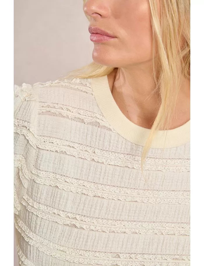 Round neckline ruffled cream top sweater shop fond du lac women’s boutique 