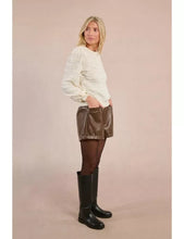 Load image into Gallery viewer, Sweater cream ruffled balloon sleeves ribbed trim cuffs shop fond du lac women’s boutique 
