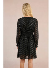 Load image into Gallery viewer, Lined long sleeve dress black silver metallic polka dots shop fond du lac women’s boutique 
