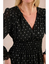 Load image into Gallery viewer, V-neck lined long sleeve dress black silver metallic polka dots shop fond du lac women’s boutique 
