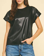 Load image into Gallery viewer, Faux leather cap sleeves round neckline shop fond du lac women’s boutique 
