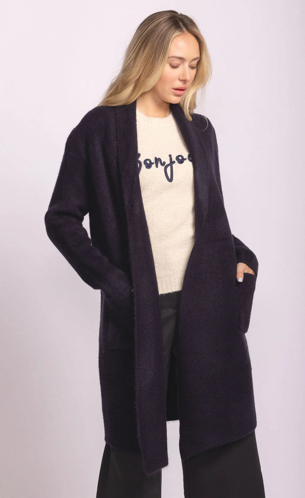 Navy long cardigan knit shop fond du lac women’s boutique 