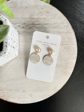 Load image into Gallery viewer, mini sized earring 1/2 inch with pearl faux posts and pearly taupe wallpaper
