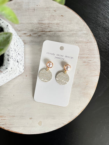 mini sized earring 1/2 inch with pearl faux posts and pearly taupe wallpaper