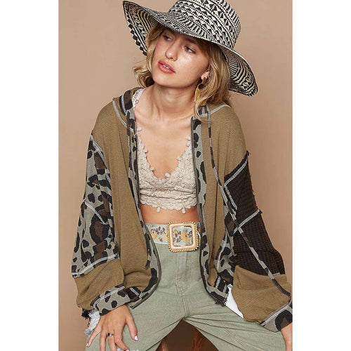 Olive waffle weave zippered hoodie leopard shop women’s fond du lac boutique