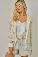 Drawstring waist button down long sleeve hoodie lace crochet pockets ivory layering shop fond du lac women’s clothing store 