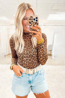 Mock neck long sleeve mesh brown leopard fitted shop fond du lac women’s clothing store