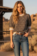 Short puff sleeves contrast trim taupe leopard round neck soft stretchy knit shop fond d7 lac women’s clothing store