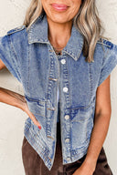 Elastic hem button closure acid wash denim vest shop fond du lac women’s boutique 