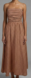 Ruched strapless smocked A-line seersucker lightweight terracotta cream gingham dress shop fond du lac women’s clothing store 