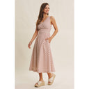 Midi sleeveless v neck fully lined pockets dress red cream Lurex stripe shop fond du lac women’s boutique 