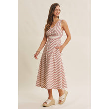 Load image into Gallery viewer, Midi sleeveless v neck fully lined pockets dress red cream Lurex stripe shop fond du lac women’s boutique 
