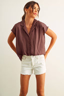 Cap sleeve relaxed button down notched collar red bean brown shop fond du lac women’s clothing store 