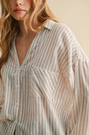 Long sleeve striped button down shirt blouse top beige white oversized cotton shop fond du lac women’s clothing store 