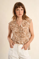 Blouse v-neck button front sleeveless top brown print shop fond du lac women’s clothing store 