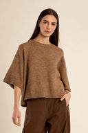 3/4 sleeves oversized ribbed trim round neck brown shop fond du lac women’s clothing store 