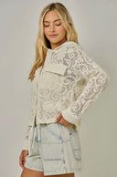 Ivory button down lace crocheted jacket cardigan layering chest pockets drawstring waist  shop fond du lac women’s clothing store 