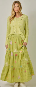 Pinstripe tiered floral embroidered green maxi skirt A line shop fond du lac women’s boutique 