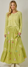 Load image into Gallery viewer, Pinstripe tiered floral embroidered green maxi skirt A line shop fond du lac women’s boutique 

