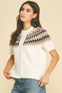 Short sleeve button down fair isle ribbed hem shop fond du lac women’s clothing store