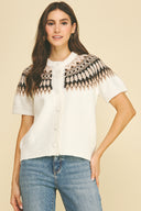 Button down short sleeve ribbed hem fair isle shop fond du lac women’s clothing store