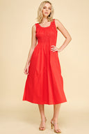 Pockets round neck sleeveless side slit smocking red midi dress shop fond du lac women’s clothing store