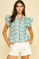 V neck teal ruffles seashell cotton blouse top shop fond du lac women’s boutique 