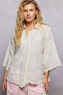 Blouse relaxed button placket classic collar ivory scalloped edges shop fond du lac women’s clothing store