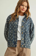 Button front pockets polka dot oversized denim jacket shop fond du lac women’s clothing store 