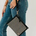 Black checkered vegan leather crossbody clutch handbag purse shop fond du lac women’s clothing store