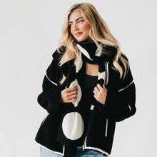 Load image into Gallery viewer, Woman wearing a black and white dot scarf. Reversible 
