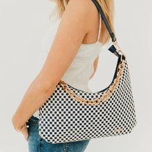 Load image into Gallery viewer, Black checkered handbag black strap gold chain strap shop fond du lac women’s clothing store

