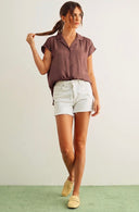 Cap sleeve red bean brown button down top shop fond du lac women’s clothing store