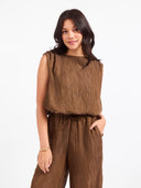 Boat neck sleeveless crinkle texture olive bronze brown elastic waist relaxed shop fond du lac women’s clothing store 