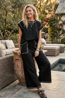 Crew neck relaxed elastic waist drawstring wide leg contrast stitching shop fond du lac women’s clothing store 
