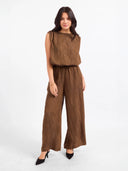 Elastic waist blouson boat neck sleeveless brown olive bronze relaxed crinkle shop fond du lac women’s clothing store