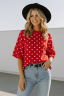 Oversized sweater red white polka dot round neck short sleeves shop fond du lac women’s clothing store