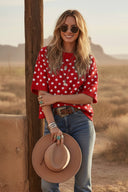 Short sleeve round neck relaxed red white polka dot sweater shop fond du lac women’s clothing store