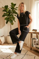Wide leg crew neck cap sleeve elastic waist drawstring relaxed contrast stitching shop fond du lac women’s clothing store 