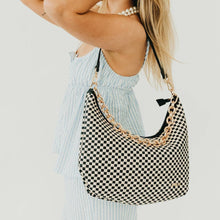 Load image into Gallery viewer, Handbag black checkered gold chain black strap shop fond du lac women’s clothing store 

