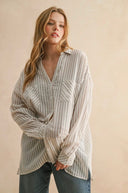 V-neck long sleeve button down beige white striped cotton oversized relaxed shop fond du lac women’s clothing store 