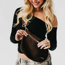 Suede woven brown handbag purse shop fond du lac women’s clothing store