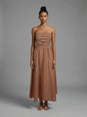 Strapless smocked A-line maxi gingham terracotta cream lightweight seersucker dress shop fond du lac women’s clothing store