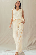 Sleeveless v-neck embroidered ivory top matching wide leg paints set shop fond du lac women’s clothing store 