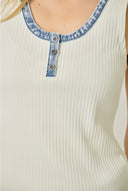 Pink white denim trim tank top Henley shop fond du lac women’s clothing store 